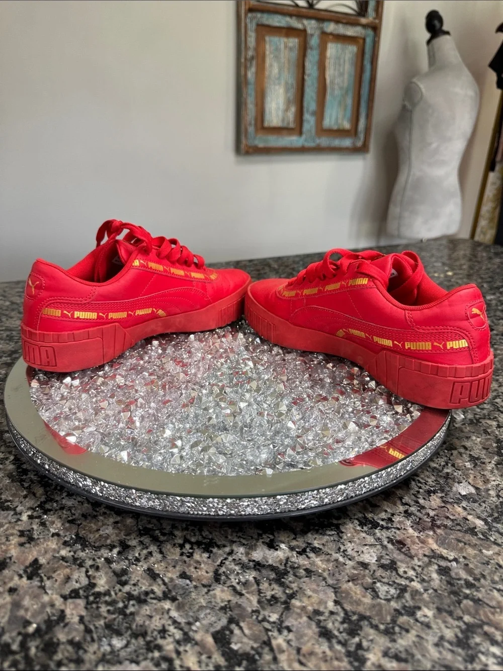 Puma Red Platform Sneakers with Yellow Logo Stripe 7C